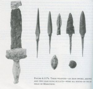 Iron sword, arrowhead, and two lead sling bullets found on the field of  Marathon