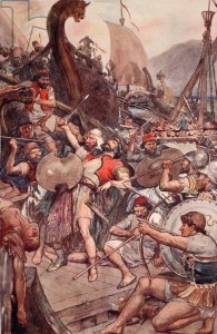 Rainey, William. Death of the Persian admiral at Salamis. The Stapleton Collection / The Bridgeman Art Library. Plutarch's Lives for Boys and Girls',. n.d. Colour Lithograph.