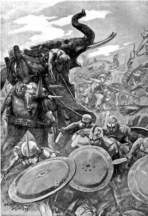 An illustration of the Macedonian infantry facing off against the Indian war elephants. (Castaigne (Wikipedia), 1911) http://en.wikipedia.org/wiki/File:The_phalanx_attacking_the_centre_in_the_battle_of_the_Hydaspes_by_Andre_Castaigne_(1898-1899).jpg